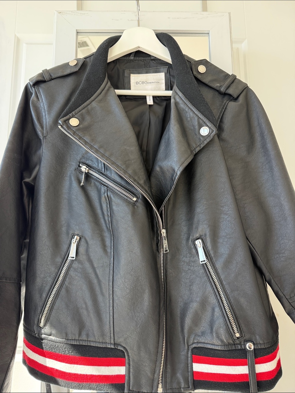 BCBG Black Leather Moto Jacket with Red & White Stripe Hem